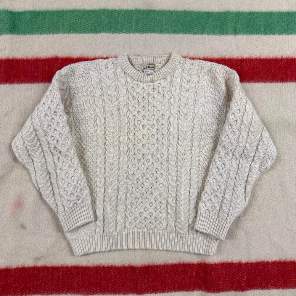 Vintage 80s LL Bean Cream Cable Knit Wool Sweater Mens Medium Ireland Fisherman - Picture 1 of 5
